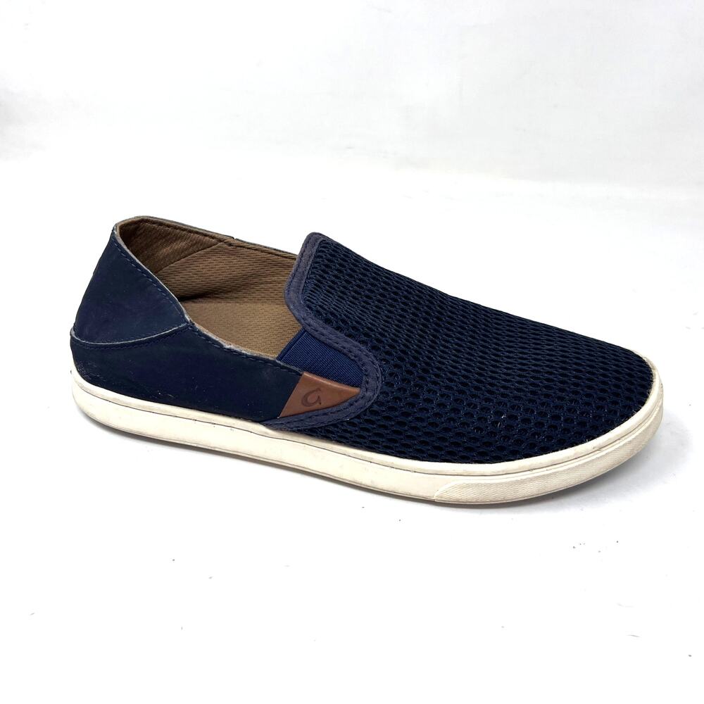 OluKai Pehuea Sneakers Womens Size‎ 7 Navy Blue Mesh Drop-In Heel Slip-On Flats
